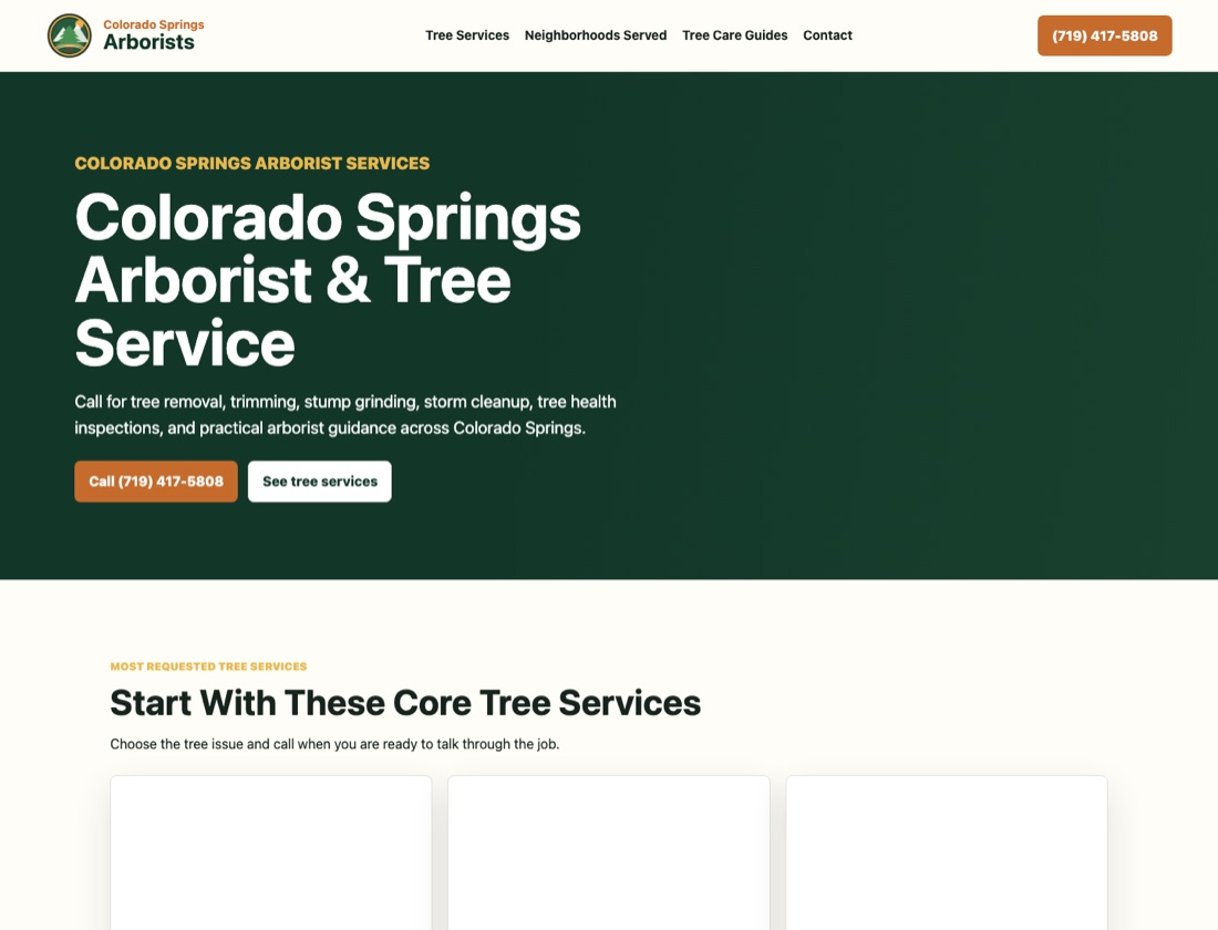 Screenshot of a client website for tree service and arborist work