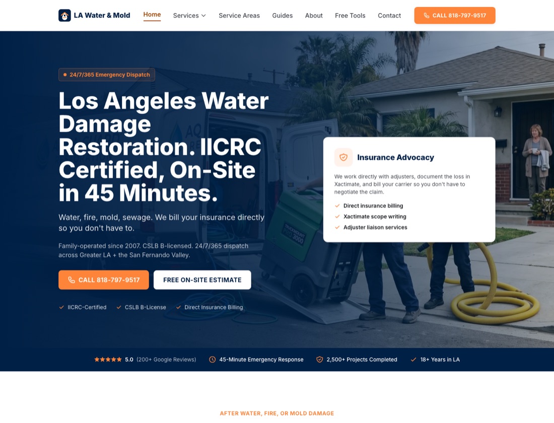 Client website screenshot showing a local water damage service website